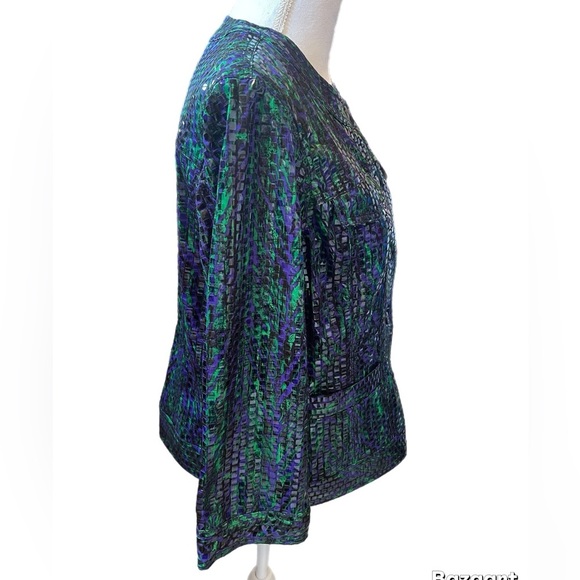 Ruby Rd. Jacket. Shiny Black/purple/Green Button Up 3/4 Sleeve Size 14 - Picture 2 of 4